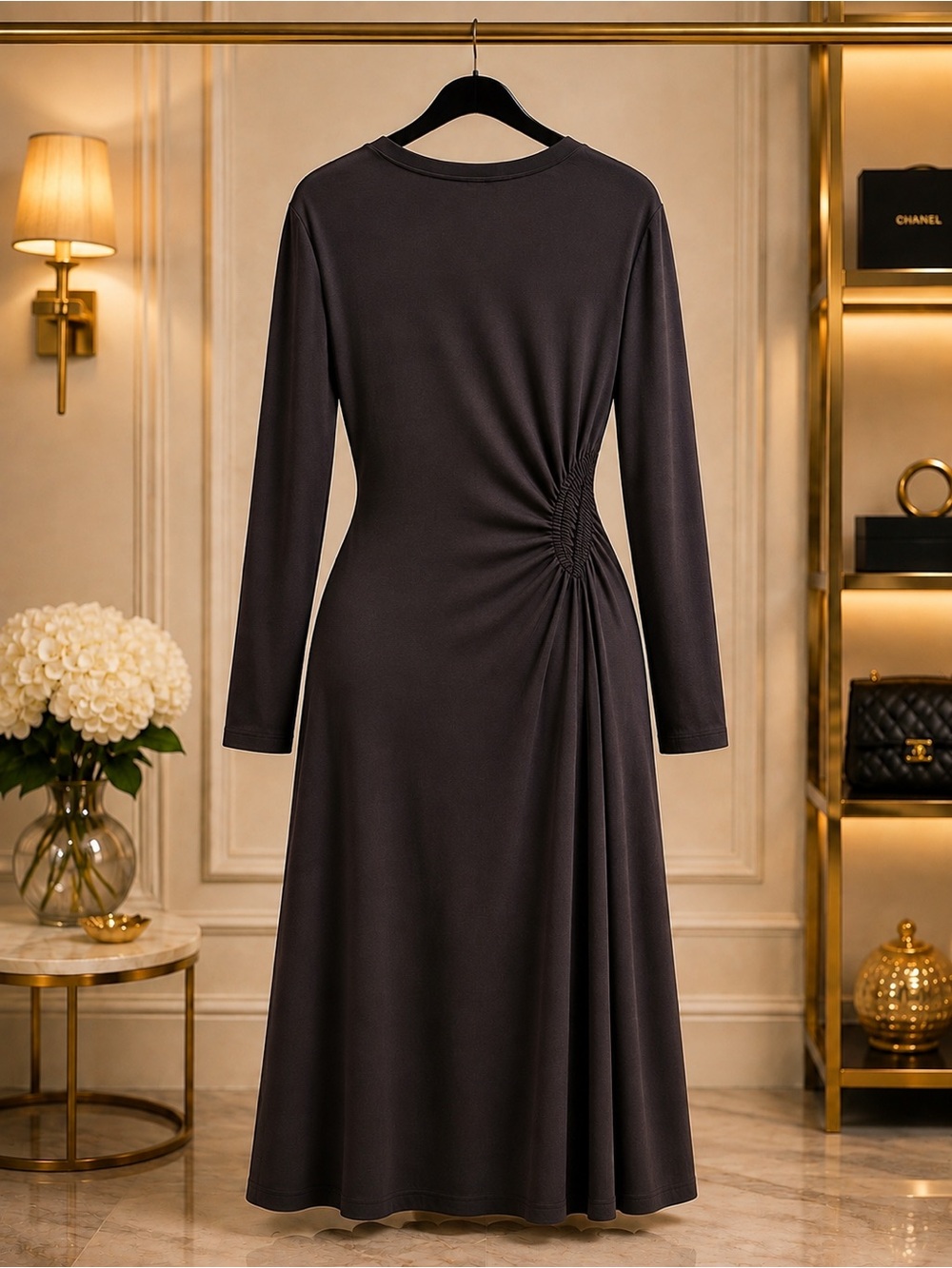 Black Long-Sleeve Maxi Dress with Yellow Leopard Butterfly Detail - Picture 2 of 2